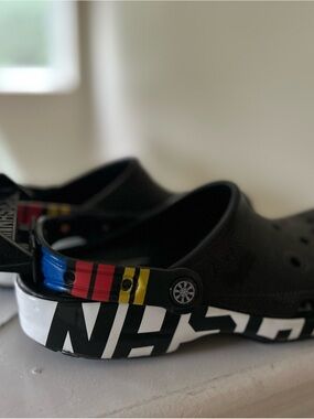 CROCS NASCAR Black Clog with Blue, Red and Yellow Heel Strap | Mens 6 / Womens 8